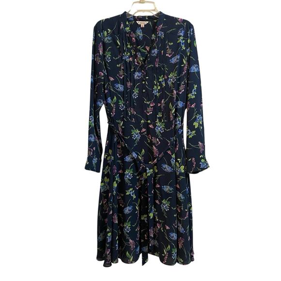 Nanette Lepore Blue Navy Floral Print Pin Up Midi Dress Size 14 Belted Bloomcore